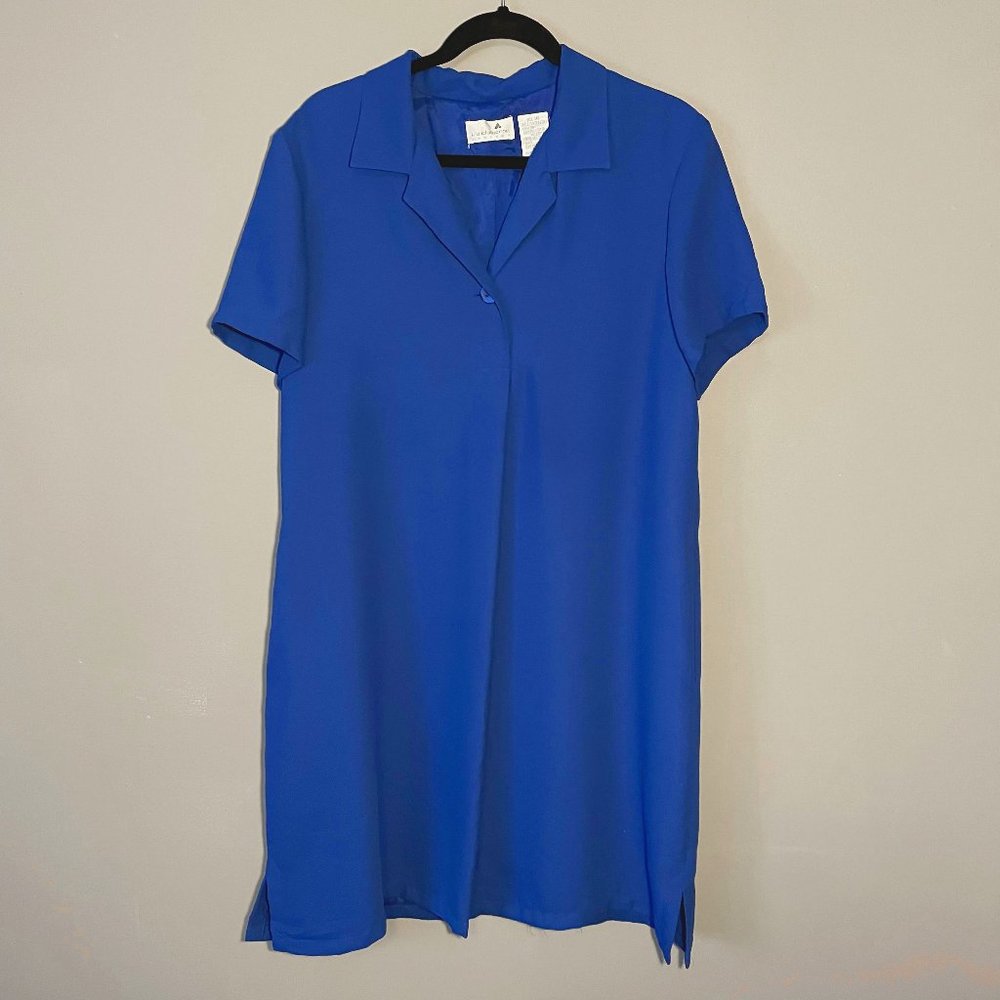 Vintage Liz Claiborne Blue Short Sleeve Collar Shift Dress Size 16 Plus Size